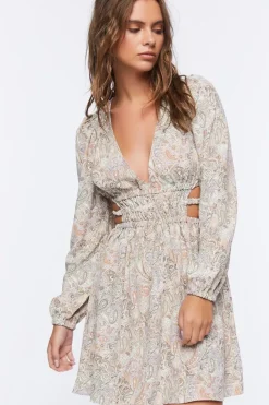 Paisley Peasant-Sleeve Mini Dress