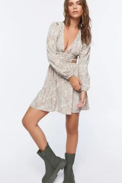 Paisley Peasant-Sleeve Mini Dress