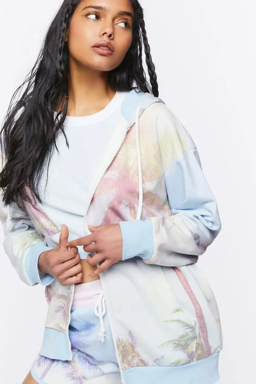 Palm Tree Print Zip-Up Hoodie
