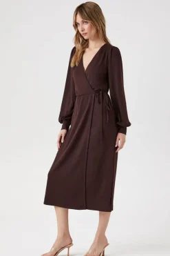 Peasant-Sleeve Midi Wrap Dress