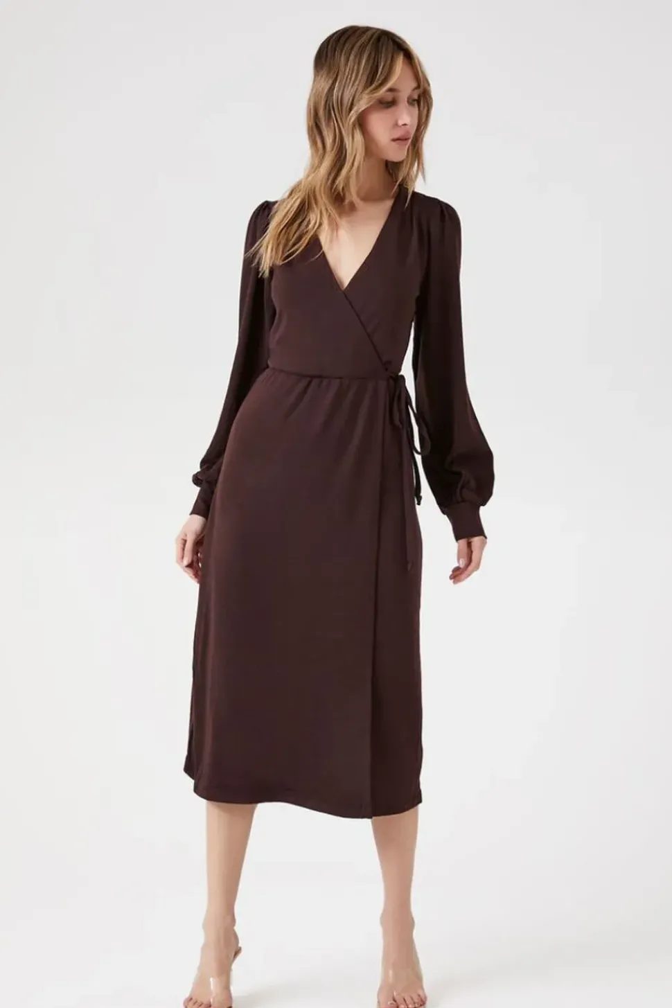 Peasant-Sleeve Midi Wrap Dress