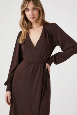 Peasant-Sleeve Midi Wrap Dress