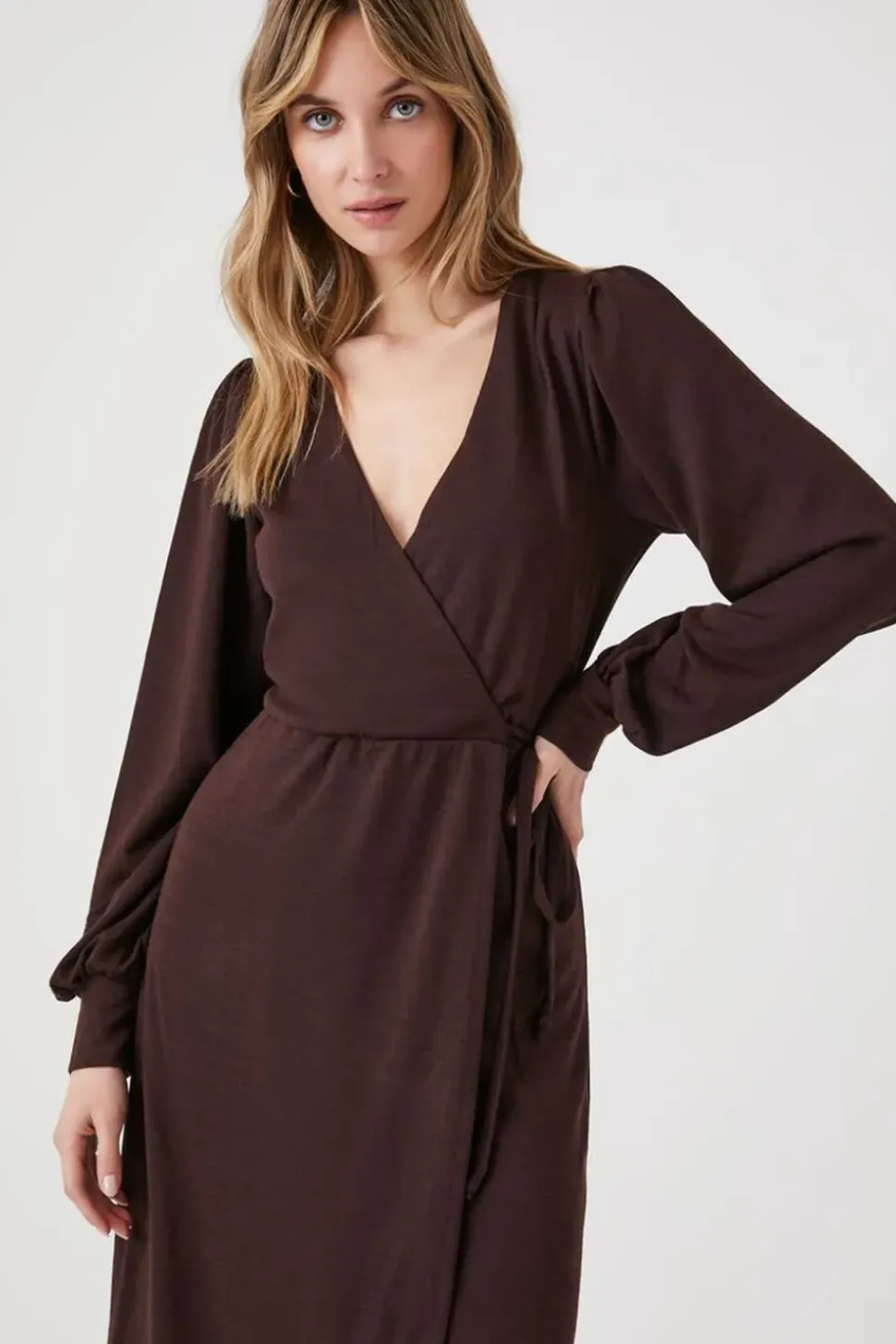 Peasant-Sleeve Midi Wrap Dress