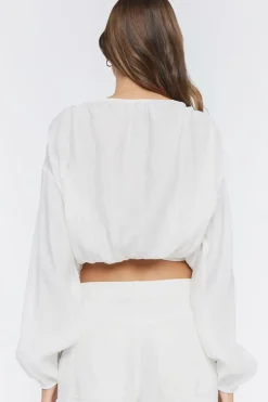 Peasant-Sleeve Ruched Crop Top