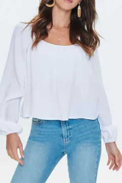 Peasant-Sleeve Split-Back Top