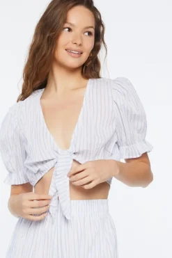 Pinstriped Tie-Front Crop Top