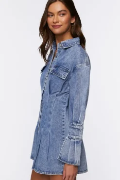 Pintucked Denim Mini Shirt Dress
