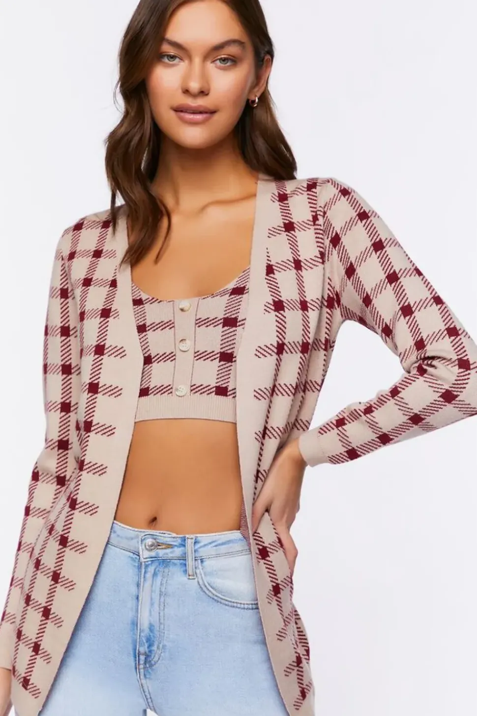 Plaid Cami & Cardigan Sweater Set