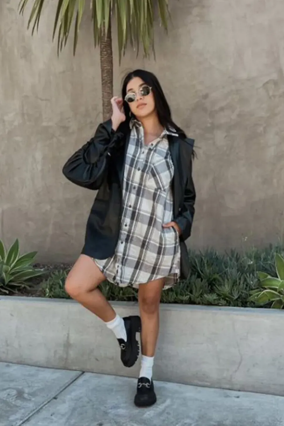Plaid Dolphin-Hem Shirt Dress