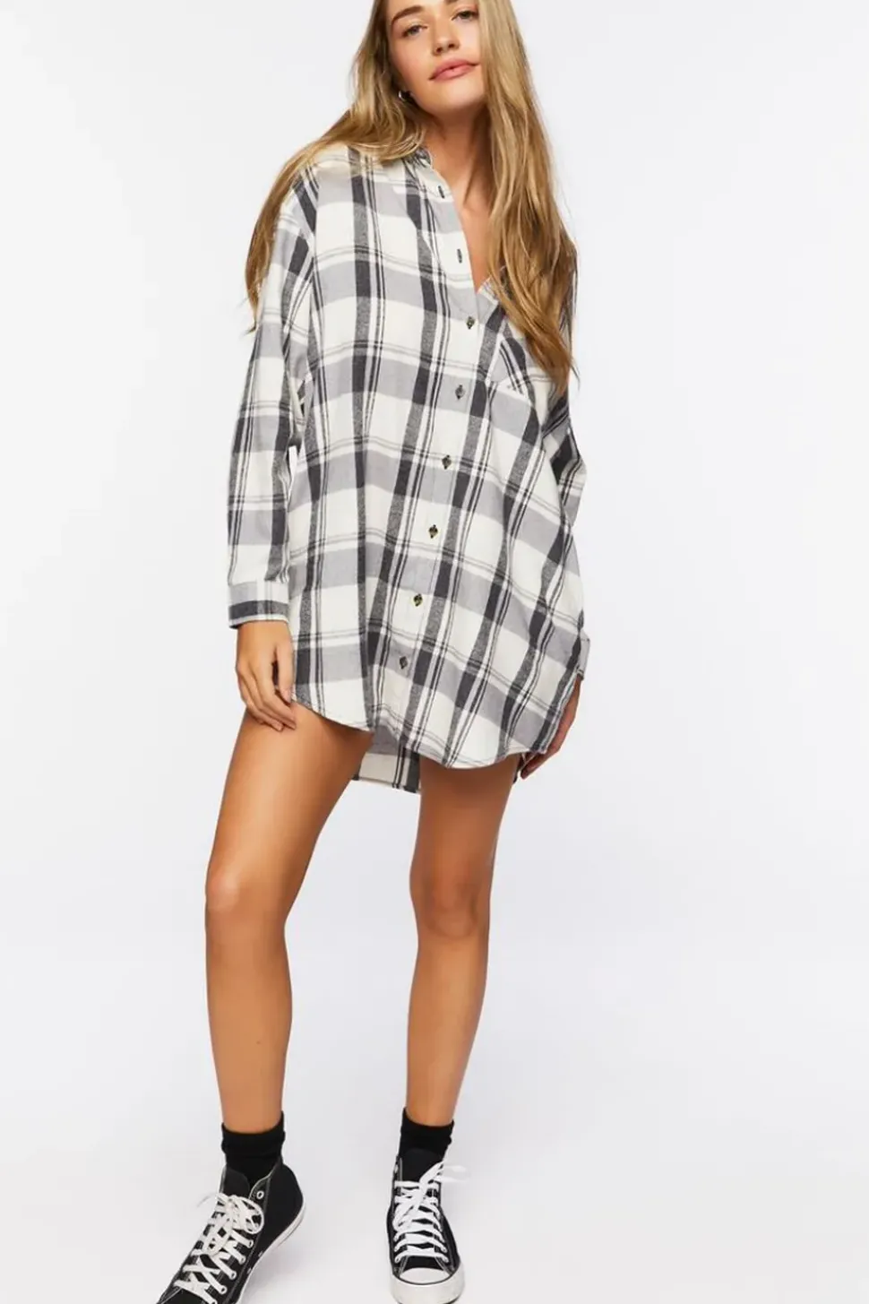 Plaid Dolphin-Hem Shirt Dress