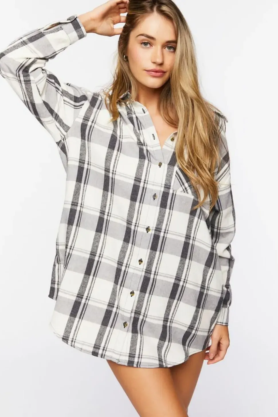 Plaid Dolphin-Hem Shirt Dress