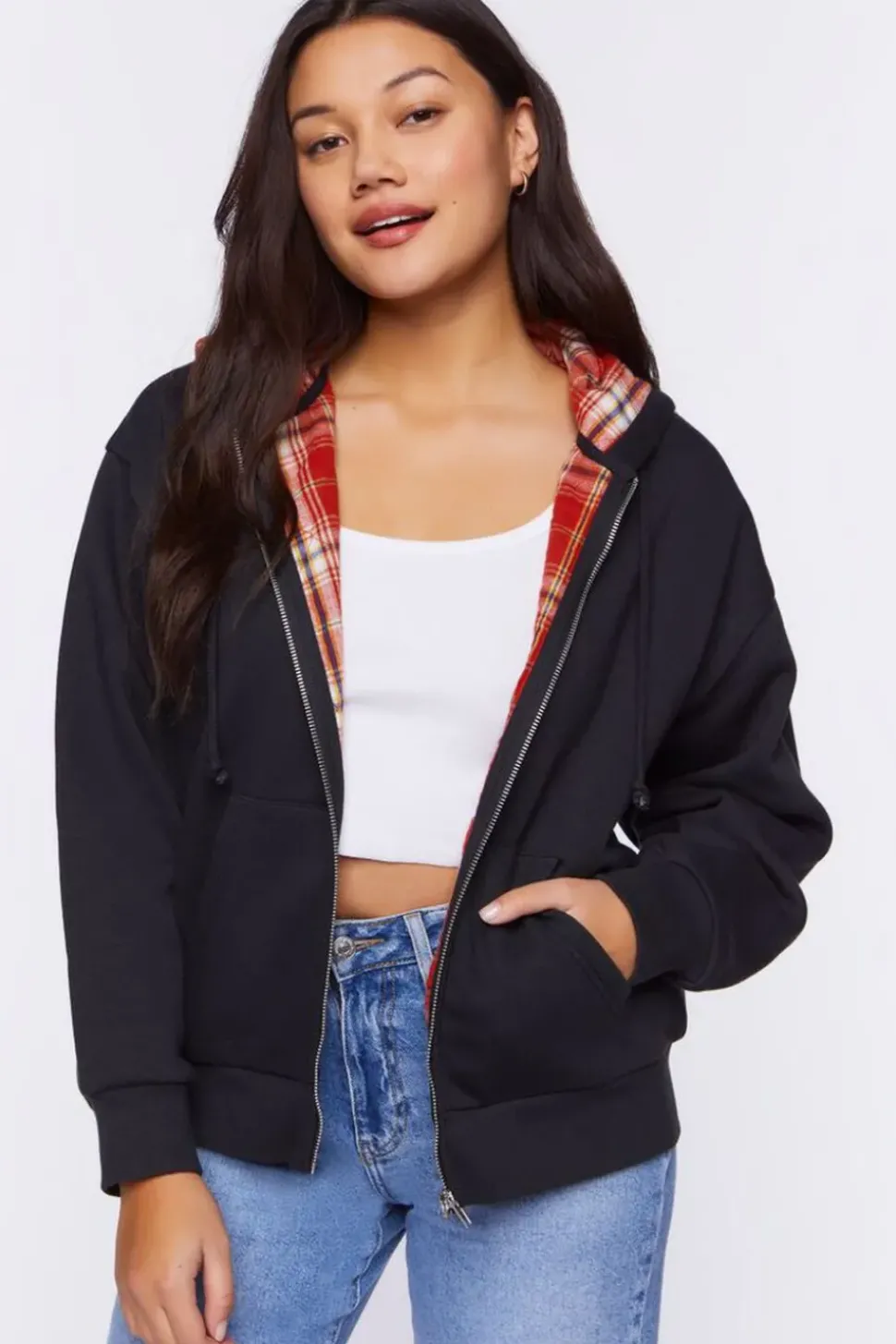 Plaid-Lined Zip-Up Hoodie