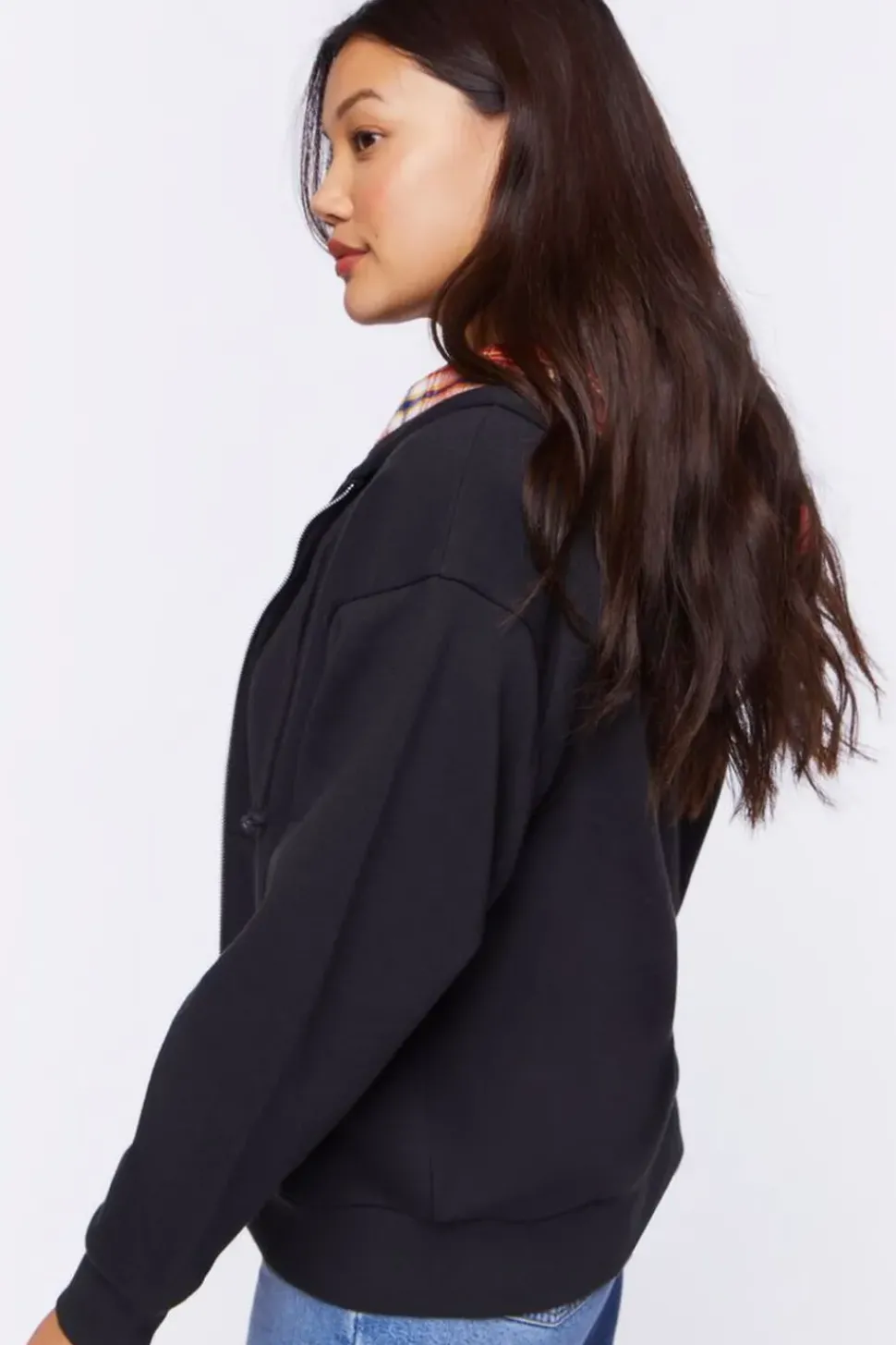 Plaid-Lined Zip-Up Hoodie