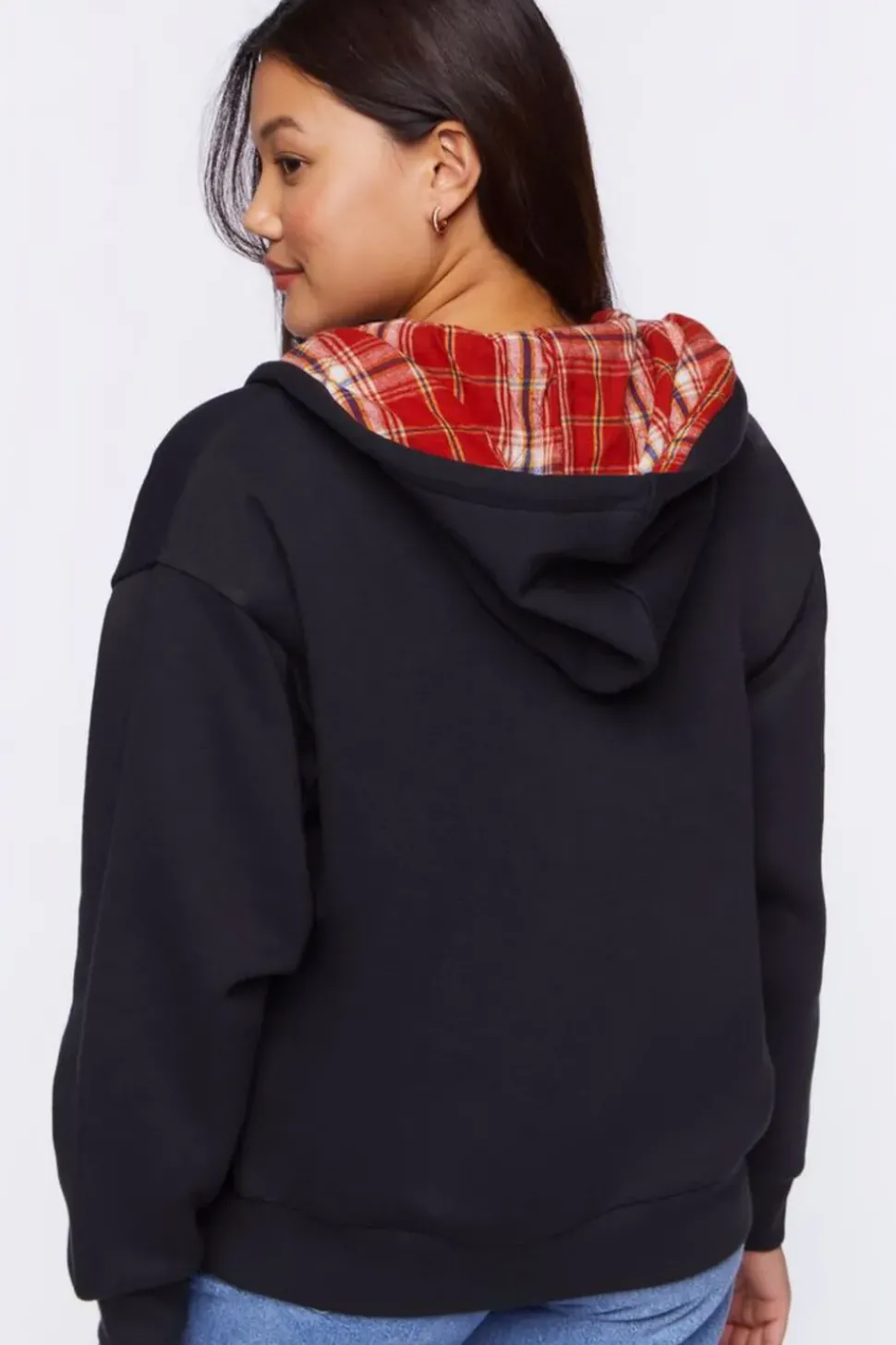 Plaid-Lined Zip-Up Hoodie