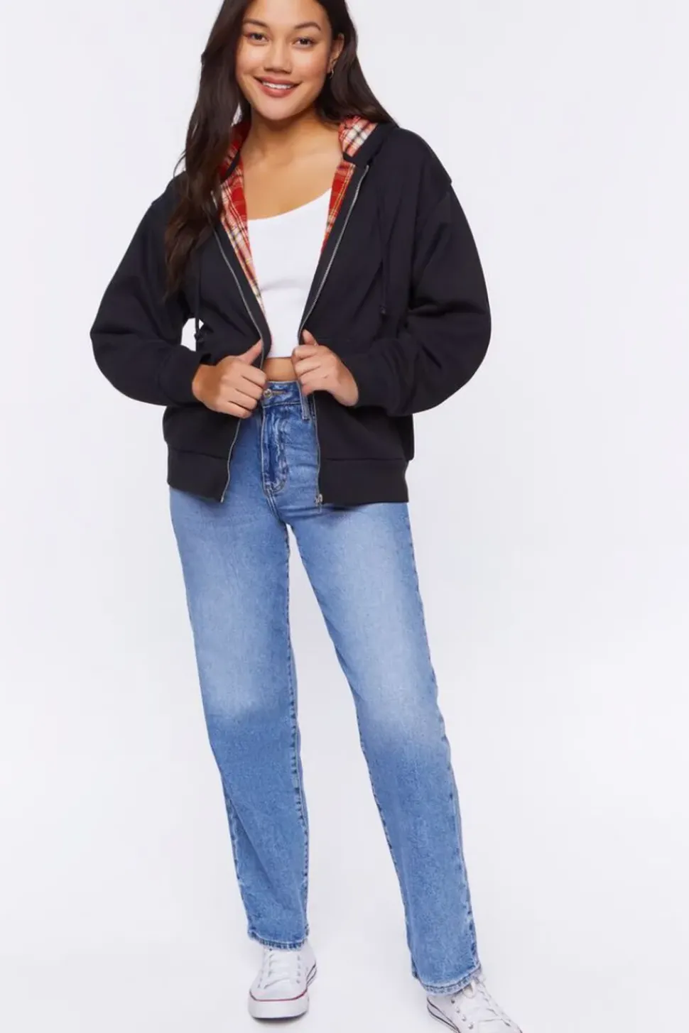 Plaid-Lined Zip-Up Hoodie