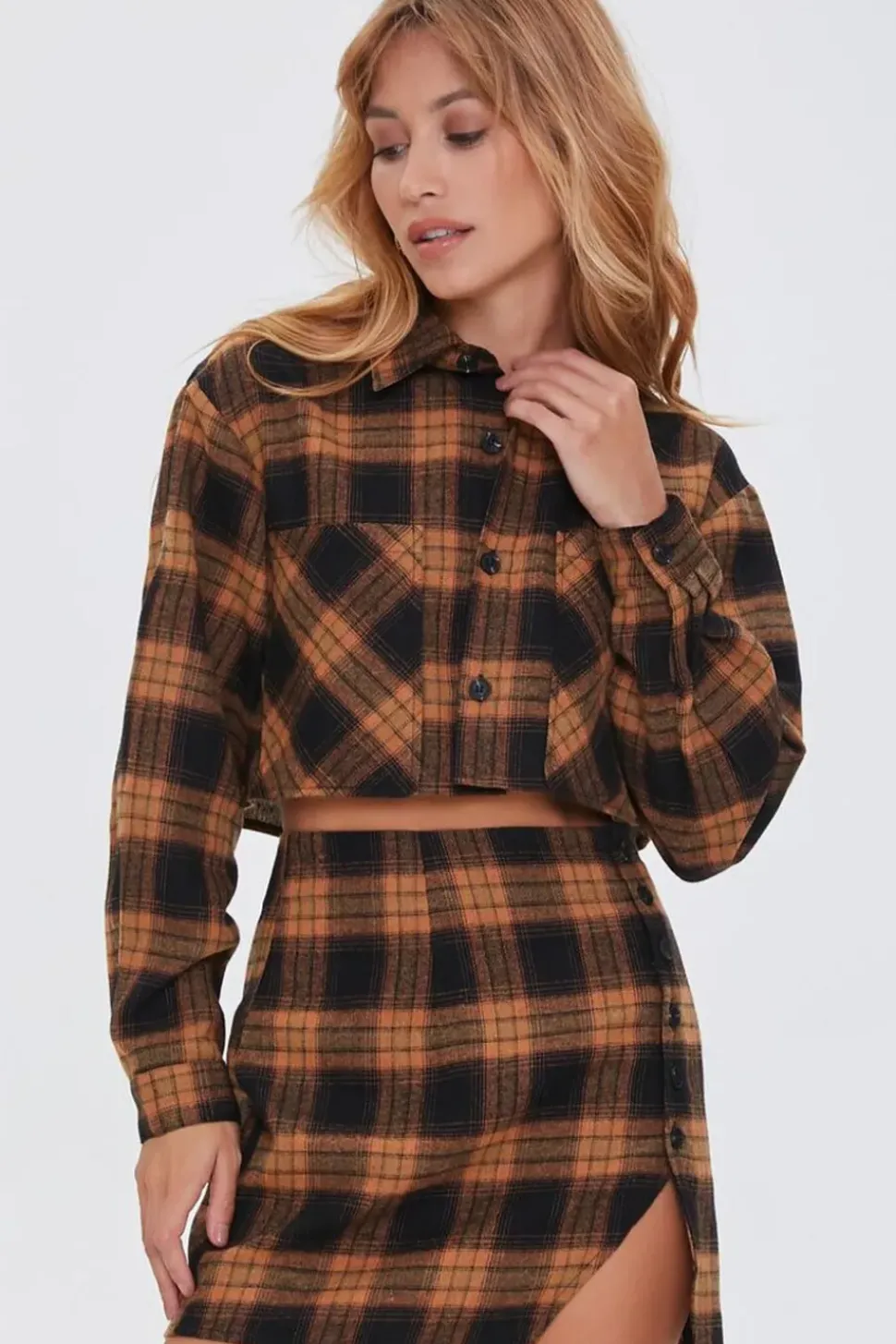 Plaid Shirt & Buttoned Skirt Set