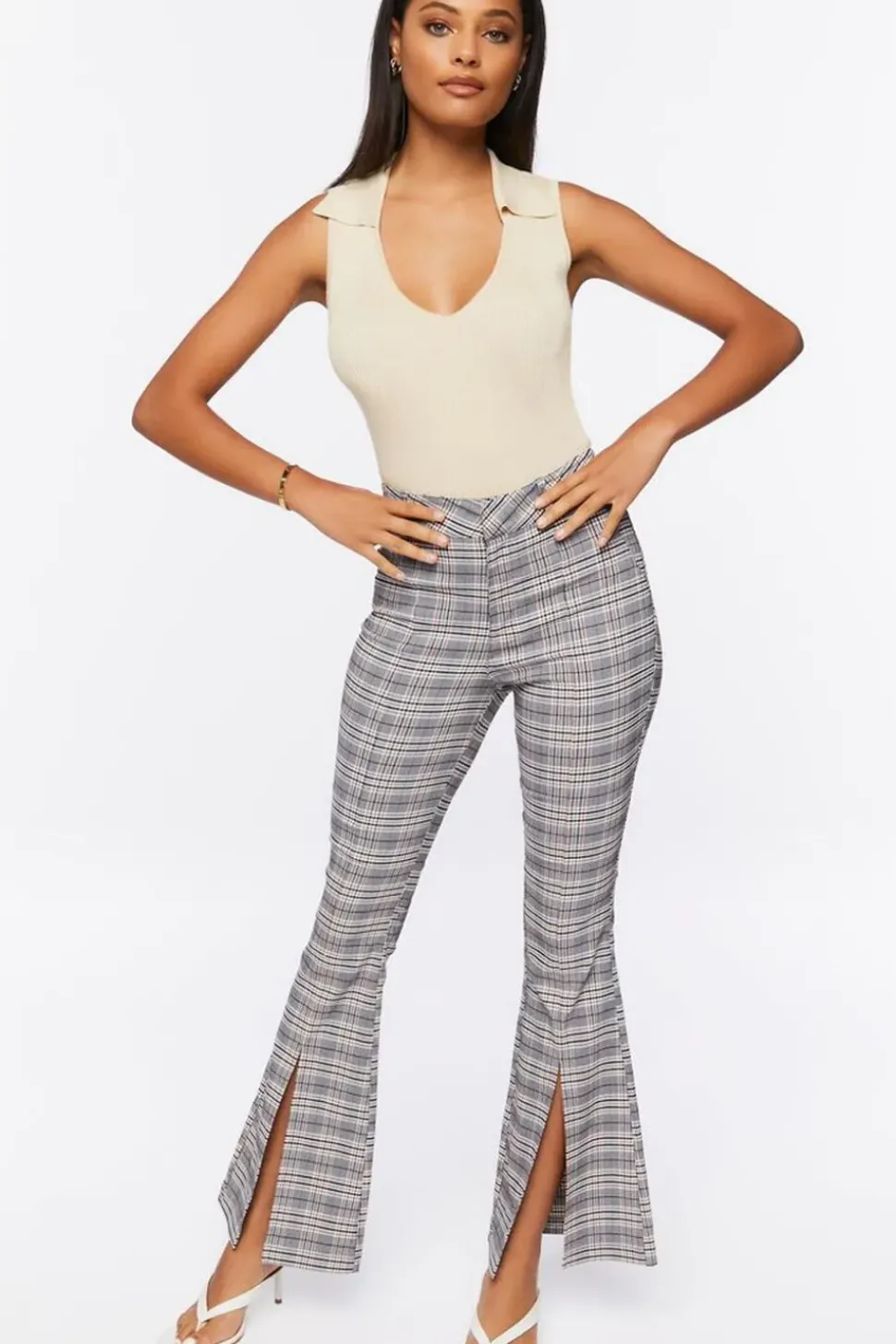Plaid Split-Hem Flare Pants