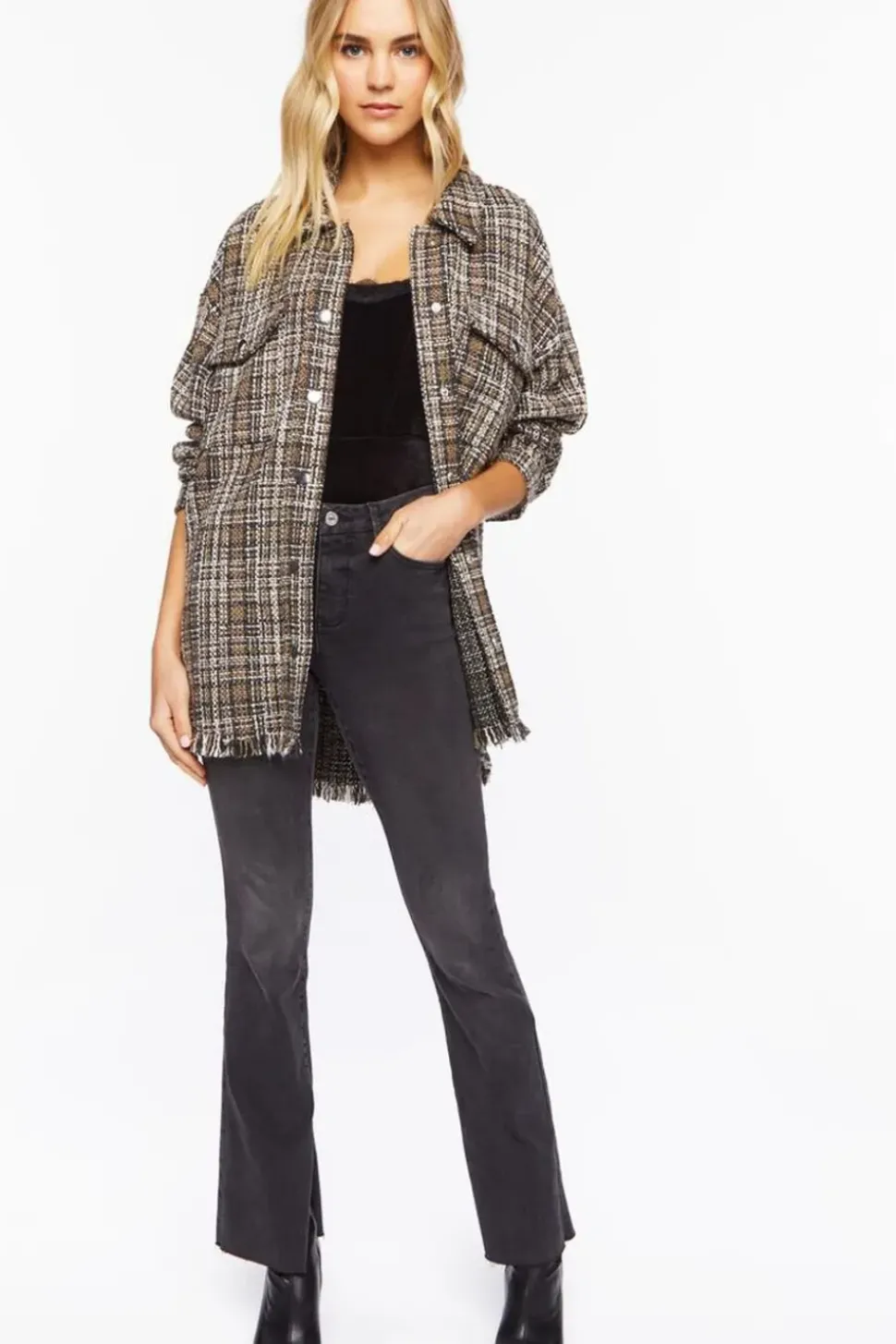 Plaid Tweed Frayed Shacket