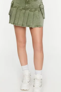 Pleated Drop-Waist Denim Mini Skirt