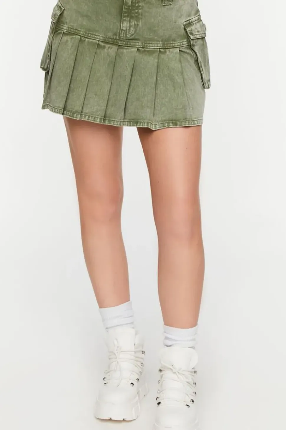 Pleated Drop-Waist Denim Mini Skirt