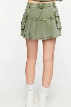 Pleated Drop-Waist Denim Mini Skirt
