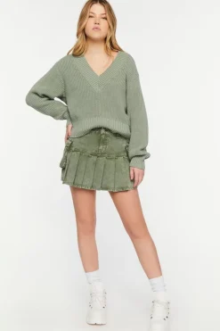 Pleated Drop-Waist Denim Mini Skirt