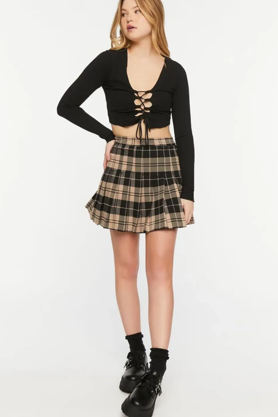 Pleated Plaid A-Line Mini Skirt