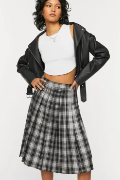 Pleated Plaid Midi Skirt