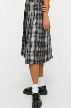 Pleated Plaid Midi Skirt