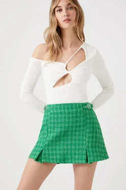 Pleated Tweed Houndstooth Mini Skirt