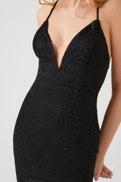Plunging Crisscross Lace Midi Dress