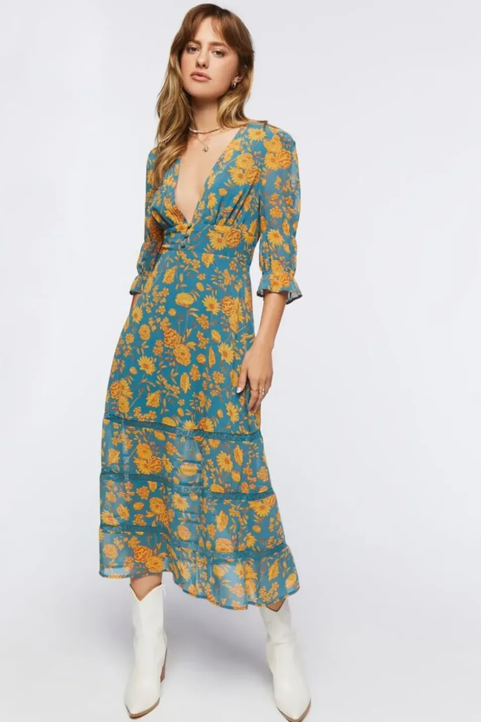 Plunging Floral Chiffon Midi Dress