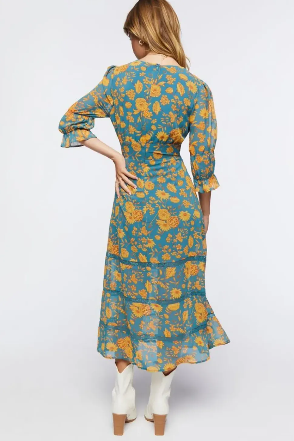 Plunging Floral Chiffon Midi Dress