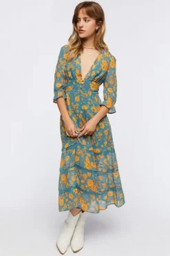 Plunging Floral Chiffon Midi Dress