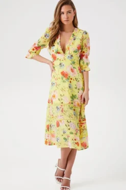 Plunging Floral Chiffon Midi Dress