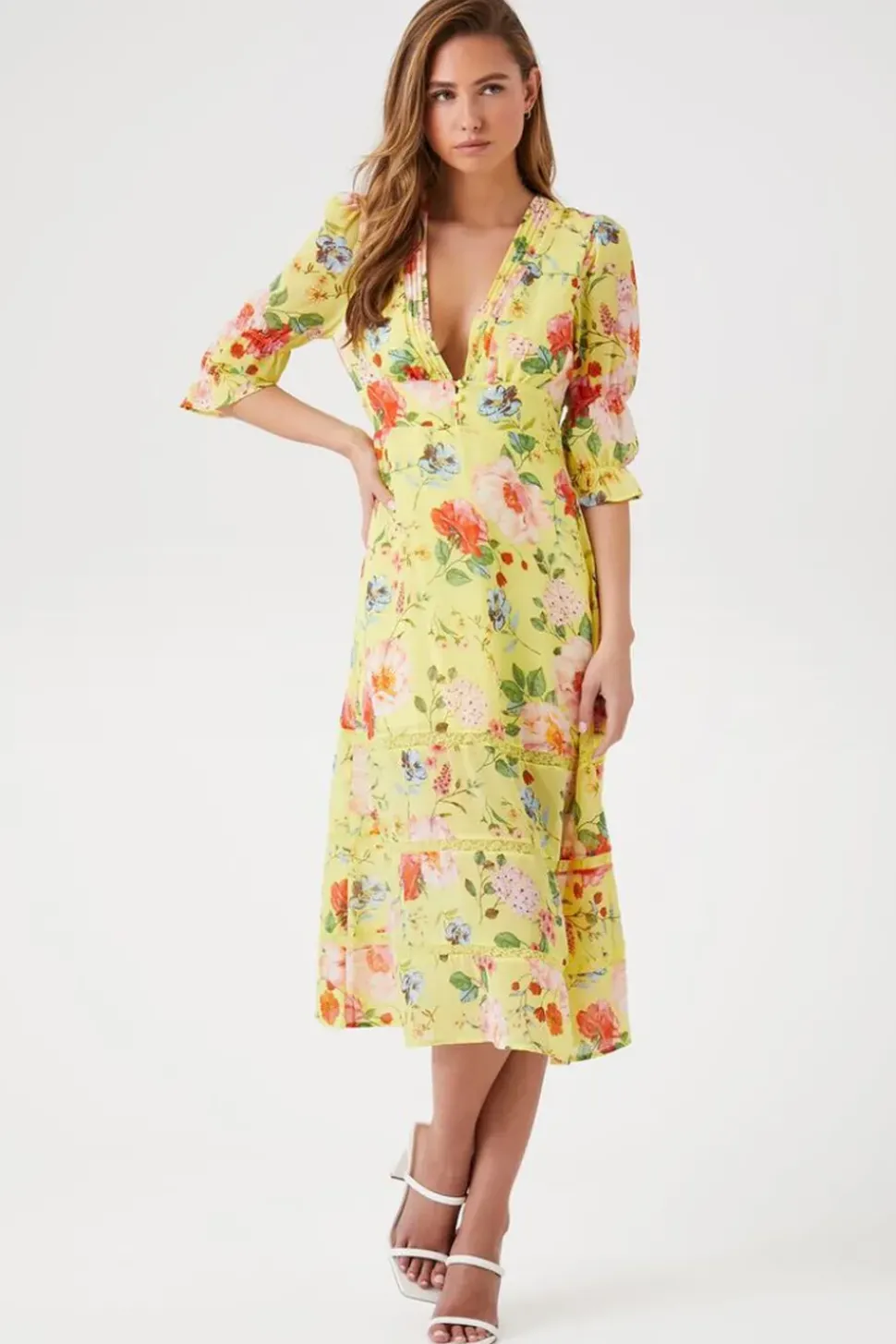Plunging Floral Chiffon Midi Dress