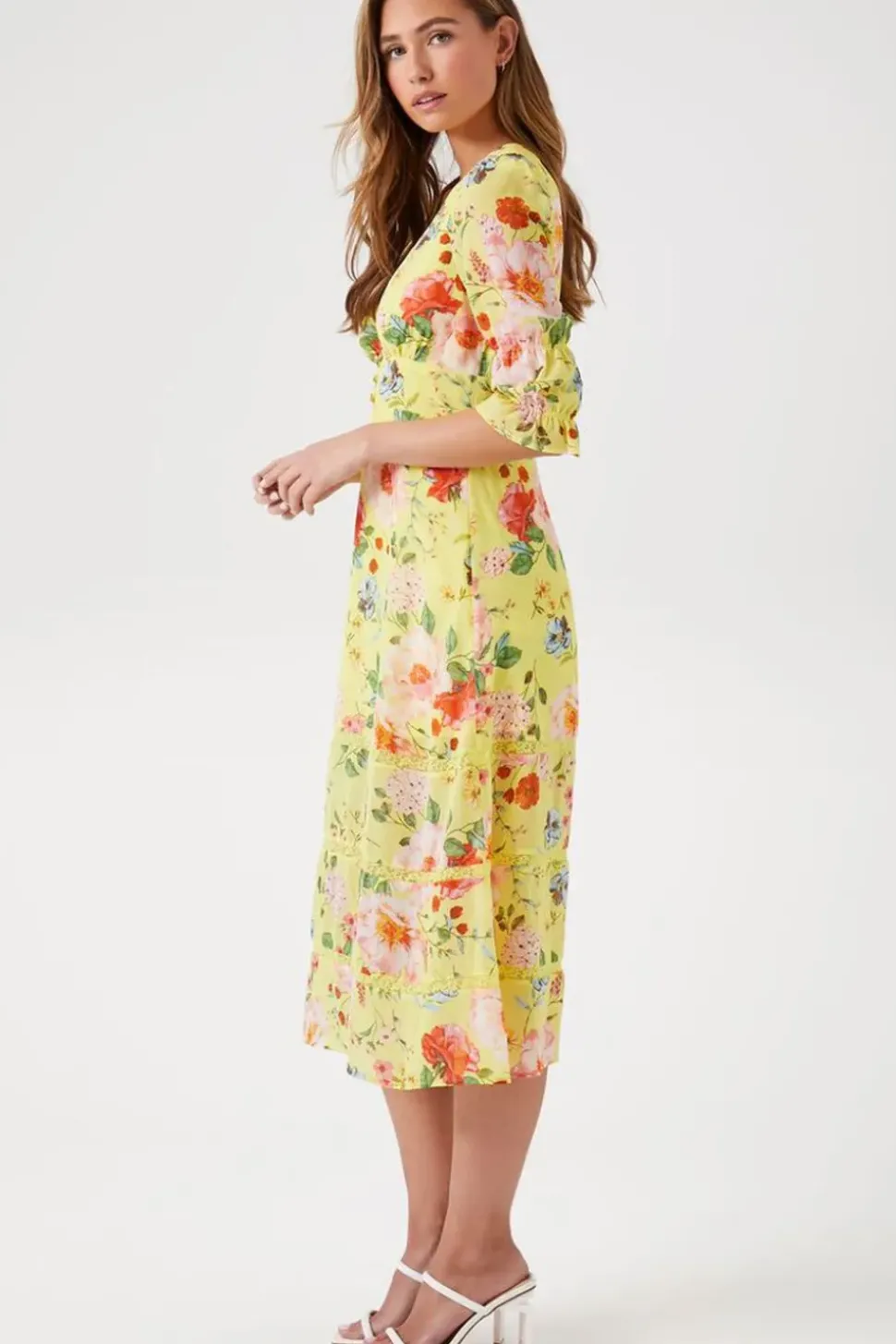 Plunging Floral Chiffon Midi Dress