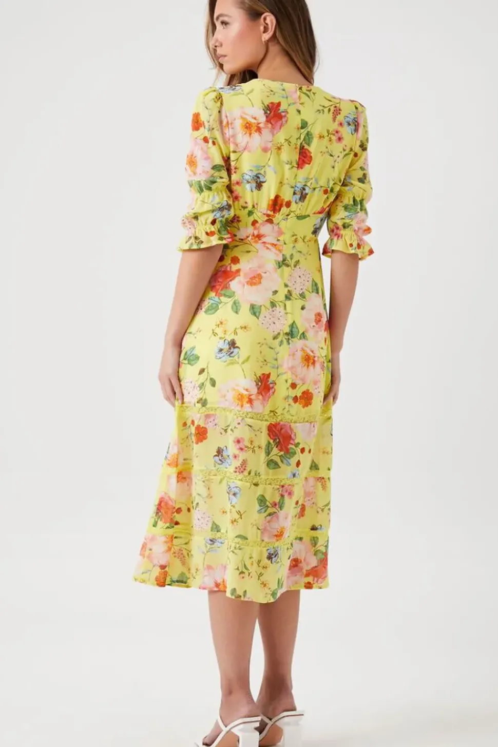 Plunging Floral Chiffon Midi Dress