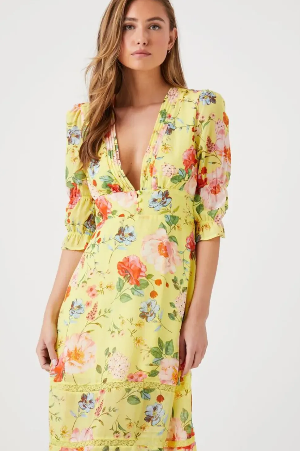 Plunging Floral Chiffon Midi Dress