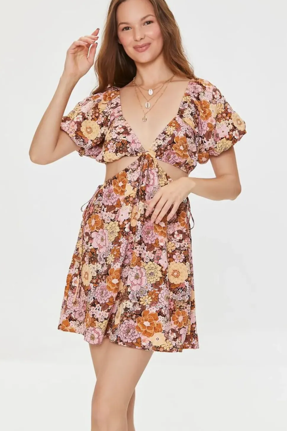 Plunging Floral Mini Dress
