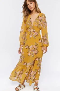 Plunging Floral Print Maxi Dress