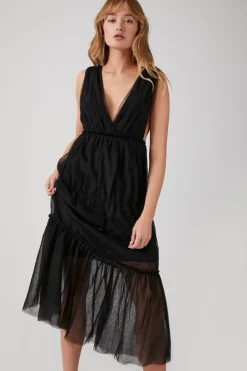 Plunging Mesh Midi Dress