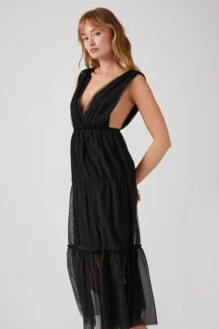 Plunging Mesh Midi Dress