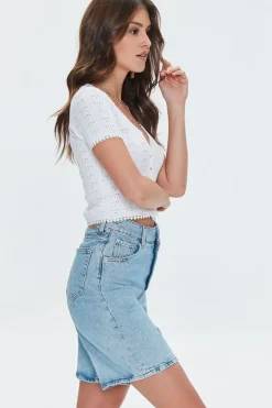 Pointelle Sweater-Knit Crop Top