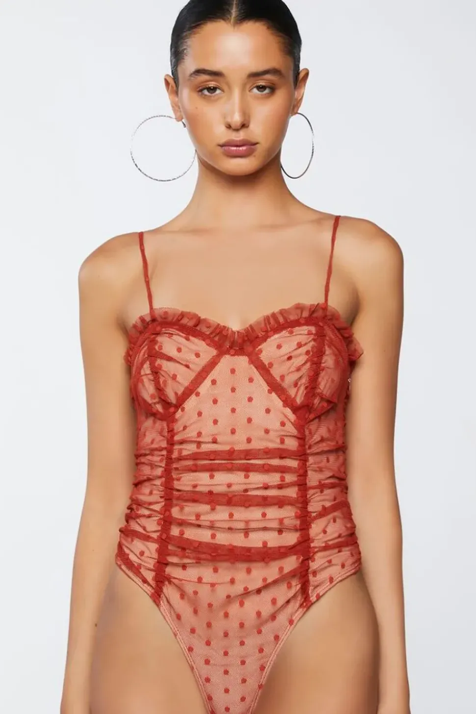 Polka Dot Mesh Ruffled Bodysuit