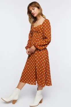 Polka Dot Peasant-Sleeve Midi Dress