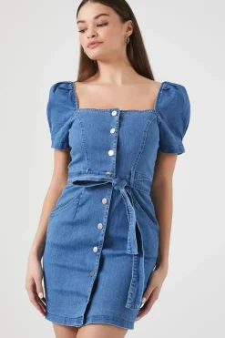 Puff-Sleeve Denim Mini Dress