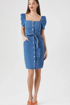 Puff-Sleeve Denim Mini Dress