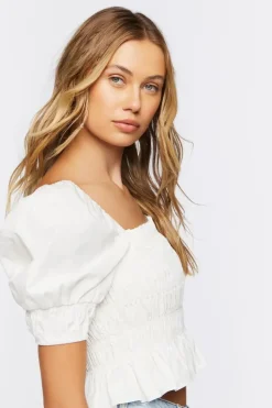 Puff-Sleeve Smocked Crop Top