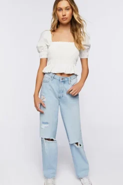 Puff-Sleeve Smocked Crop Top